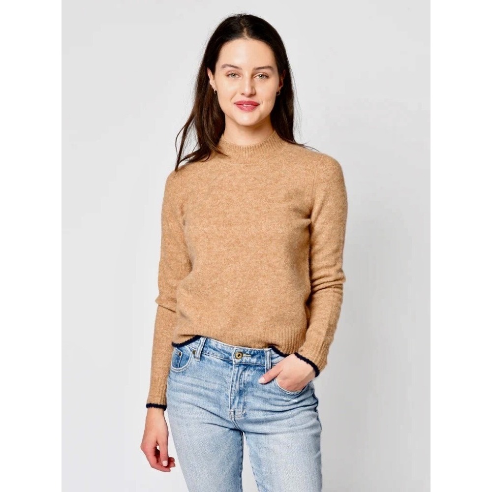 VINCE Contrast Tip Wool Alpaca Pullover Sweater Camel Brown‎ Navy Blue Medium